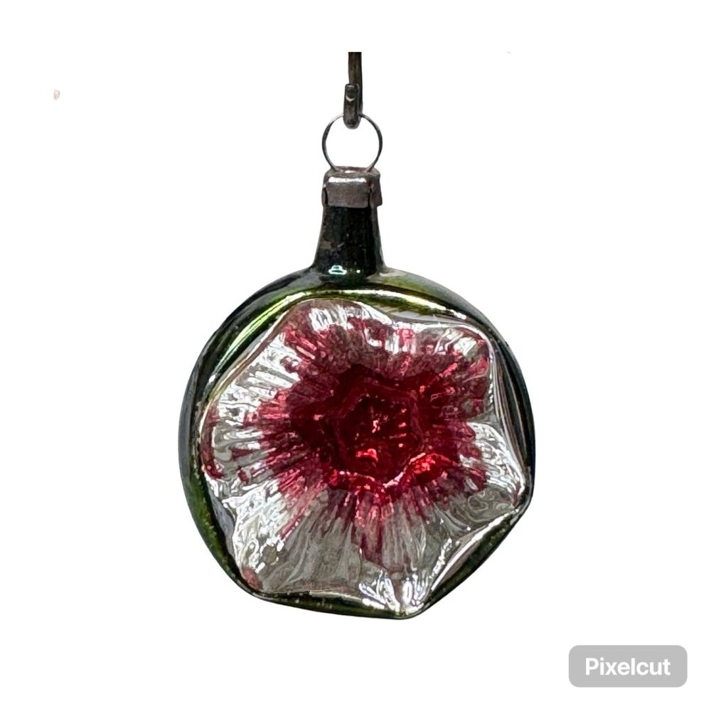 Green Vintage Artisan Flower Indented Germany Mercury Glass Christmas Ornament 2